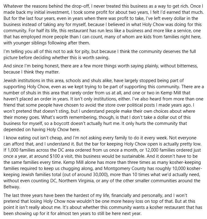 A personal statement discussing the challenges faced by a local restaurant, Holy Chow, and its relationship with the Jewish community and institutions.