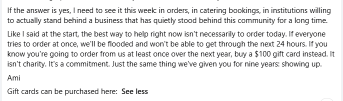 A message discussing support for a local business, emphasizing the importance of orders and gift card purchases to help the community.